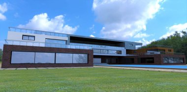 A green freshly cut meadow in front of a modern country house built according to an individual design. Blue sky with cumulus clouds overhead. 3d render.