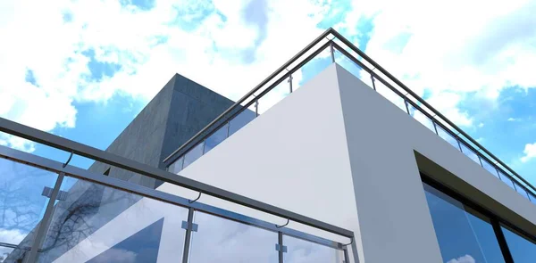 A view from below of an advanced building in a minimalist style. Balconies at different levels. Fence of glass panels bordered in steel handrails and railings. 3d render.