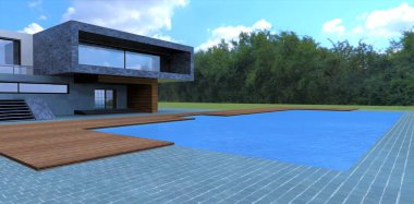 Courtyard of a minimalist estate with a swimming pool. Paving stone gray stone. Terrace board flooring. Porch and front door. 3d render.