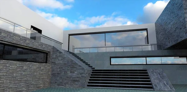 A wide concrete exclusive staircase built according to an individual project. Finishing the walls of the house with concrete and gray slate. 3d render.