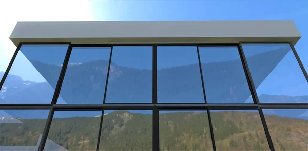 Bottom view of an advanced glass facade that reflects stunning mountain ranges. Design tricks of contemporary minimalist architecture. 3d render.