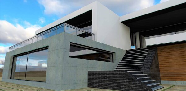 Бетонный фасад и черная кирпичная черепичная лестница. Архитектурные решения в минималистском стиле. Небольшой уютный домик на фоне голубого облачного неба. 3D рендеринг.