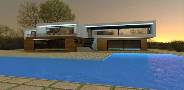 Illumination of the pool and the facade of a modern country cottage built in a minimalist style. Wood trim and concrete pavers look good in night light. 3d render.