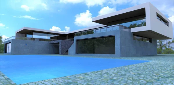 Stunning design of a house with a pool in a minimalist style. Concrete wall cladding. Spacious glazed terrace. Natural paving stone. 3d render.