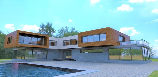 Cozy country house in a minimalist style. Finishing the walls of the second floor with a facade board. Mixes well with brutal concrete. Popular paving stones around the pool. 3d render.
