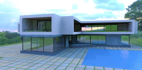 Model of a country house in a minimalist style. Next to the pool with blue water. Around the pavement of rectangular concrete pavers. 3d render.