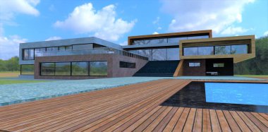 Attractive individual building project for a suburban modern estate. Decking around the pool. Path of paving stones to a wide concrete staircase. 3d render.