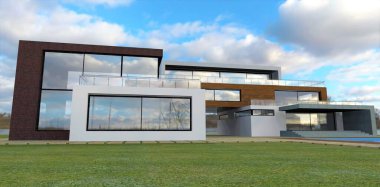 White cumulus clouds rush over a modern, minimalist, custom-designed home. Juicy green lawn. Smooth rectangular shapes. 3d render.