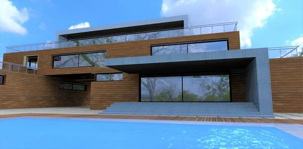 Access to the pool from a modern minimalist house finished with a facade board. Brutal concrete porch. Blue clear water in the pool. 3d render.