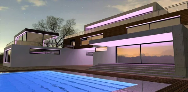 Lighting the exterior of a newly built country cottage. LED strips are located in the window openings. The water in the pool glows turquoise. 3d render.