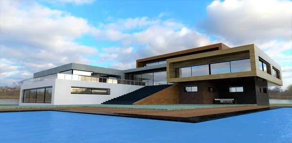 Stunning project of a country villa with a spacious swimming pool with turquoise water. Combined finishing of the facade of the building with wood, concrete and white plaster. 3d render.