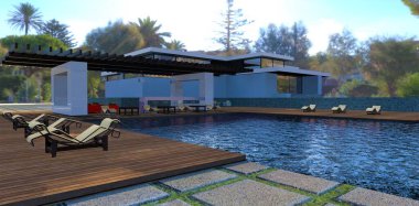 Relax by the pool on the cozy patio. Bar counter and sun loungers. Modern house and tropical landscape in the background. 3d render.