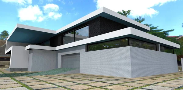 Combination decoration of a modern minimalist house of white and black bricks. Massive paving stones made of concrete slabs. 3d render.