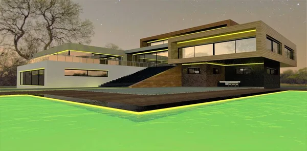 Experimenting with light on a starry night in a modern advanced pool villa. Illumination of the facade of the house with a yellow LED tape. 3d render.