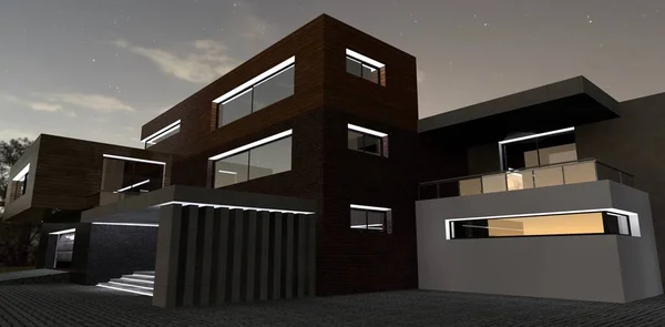 Illumination of a modern small-apartment club house with white LED lighting. Balcony, porch and entrance to the garage. Wonderful starry night. 3d render.