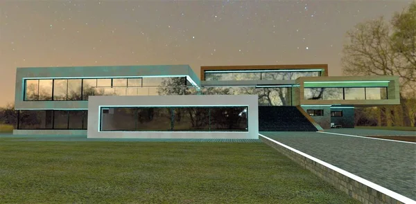 Illumination of a modern cottage with LED strip, emphasizing the minimalism of the architectural forms of the building. Amazing starry night. 3d render.