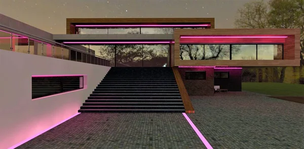 Illumination of the exterior of the building with a red LED strip. Advanced country villa in the darkness of the night. 3d render.