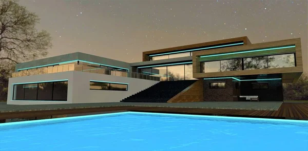 Stunning modern countryside villa with a pool of clear turquoise water. Facade lighting with LED strip. Wonderful starry night. 3d render.