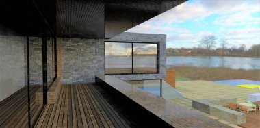 Design of a balcony with wooden flooring in a modern private house built in a minimalist style on the shores of a picturesque lake. 3d render.