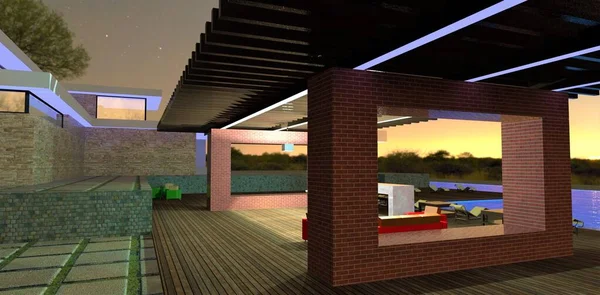 Quiet calm evening in a cozy patio near a private country house. Terrace board flooring. Modern LED lighting. Pool with blue water. Massive concrete block. 3d render.