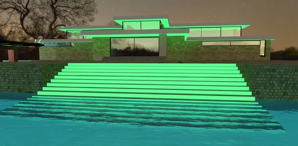 A wide stone staircase covered with luminescent paint descends directly into the pool. The steps are visible underwater. In the background is a country house with night lights on. 3d render.