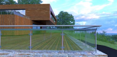 Glass panel railing with steel framing around a wood covered terrace. Modern private house. Wall decoration vertical facade board. 3d render.