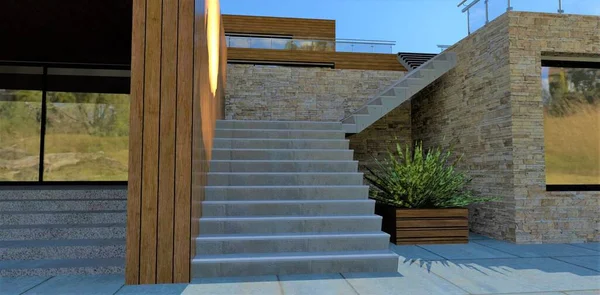 Concrete staircase to the terrace of a modern estate. Wooden box with bushes. Porch trimmed with vertical board. Sun glare. 3d render.