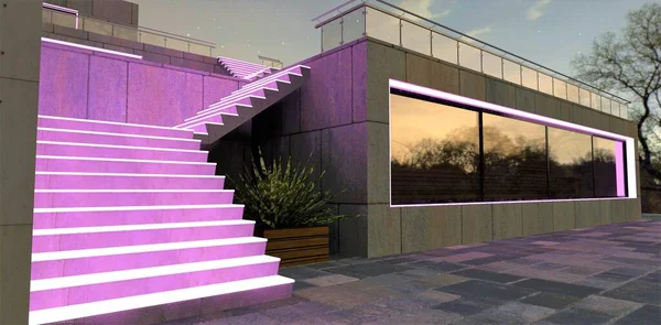 Evening illumination of the stairs of a suburban advanced estate with a purple LED strip. Very well emphasizes the architecture of the building at night. 3d render.