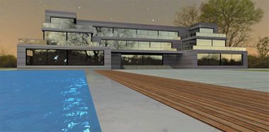 A serene starry night in an advanced minimalistic pool villa. Large modern building with spacious terraces. Paving yard paved with concrete slabs. 3d render.