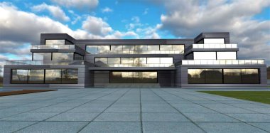 Modern low-rise office building finished with popular horizontal aluminum panels. Front entrance to the building. Cobbled yard of massive concrete slabs. 3d render.