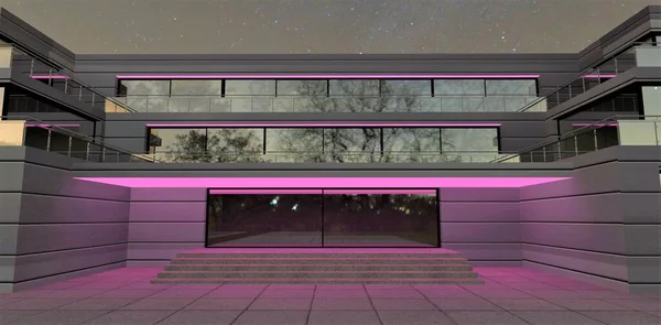Purple LED lighting on the porch of a futuristic building. Smooth lines of light emphasize the minimalist architecture of the house. 3d render.