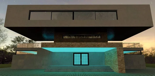 Turquoise light illuminates the porch of a modern country house with an unusual shape. Entrance doors with glass inserts reflect light from the LED strip. 3d render.