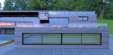 Modern low-rise office building finished with aesthetic heat-efficient composite metal panels. Looks solid. Serves long and reliably. 3d render.