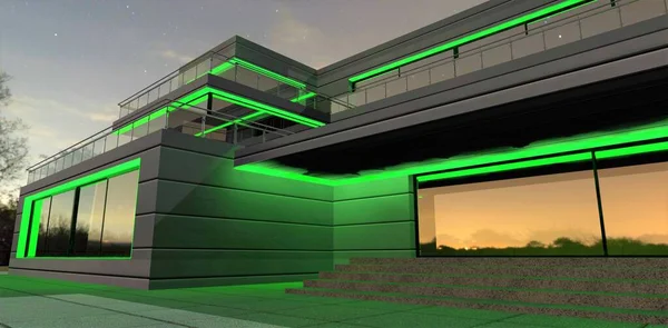 Exterior green LED lighting for a newly built minimalist home. Finishing of a facade of an aluminum panel. 3d render.