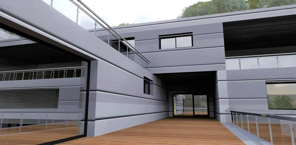 Exit Wooden Terrace Futuristic Technological Building Finished Aluminum Coated Composite — ストック写真