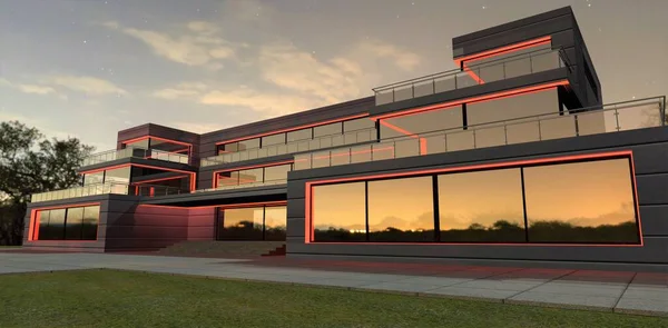 Lighting design for a new suburban building with a scarlet LED strip in the wee hours. It looks rich and beautiful, especially with aluminum panels on the facade. 3d render.