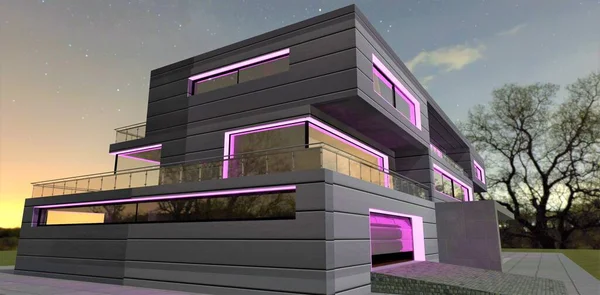 Purple light from led strip on aluminum facade of modern newly built suburban building at night under starry sky. 3d render.