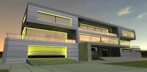 Night lighting of the facade of an advanced modern low-rise office with a yellow LED strip. It looks good together with the exterior of the building finished with aluminum panels. 3d render.