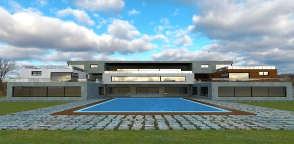 Stunning country villa in a minimalist style. Individual exclusive design. Large pool with wooden deck around. Cobbled yard. 3d render.