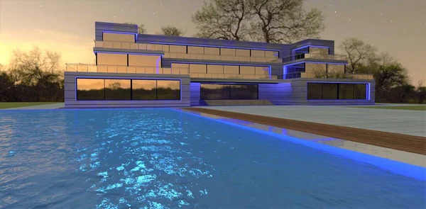 Stunning LED lighting of a contemporary suburbun private estate at night time. Big advanced pool with blue water. Starry sky. 3d render.