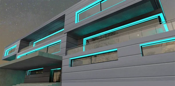 Aluminum Exterior Advanced Estate Illuminated Turquoise Led Lighting View Magnificent — Stockfoto