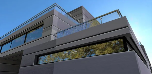 View from below at the blue sky on the corner of a futuristic house lined with metal composite panels. Advanced terraces are fenced with glass. 3d render.