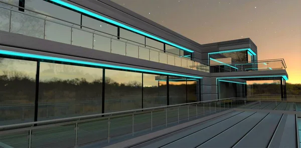 Turquoise LED illumination of the facade of a modern advanced private building at night. Long light lines emphasize the minimalist architecture of the 3d render.