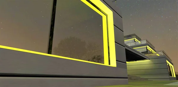 Yellow Led Lighting Exterior Modern Newly Built House Light Falls — Fotografia de Stock
