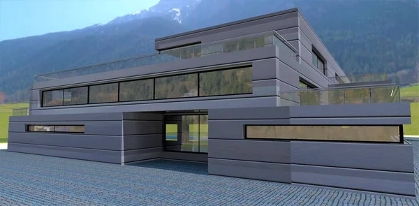 Design House Mountainous Area Style Futuristic Architecture Facade Finished Special — Zdjęcie stockowe