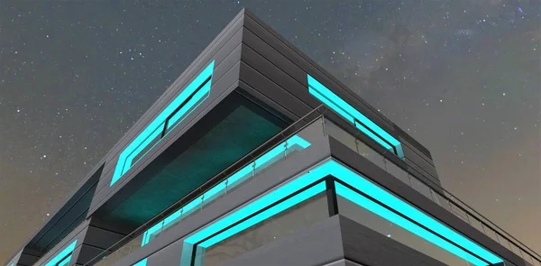 Amazing starry sky. Bottom view of a corner of an advanced futuristic home illuminated with turquoise LED lights on a wonderful summer evening. 3d render.