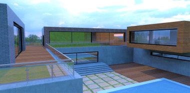 Olağanüstü bir Odessa evinin boş avlusu fütüristik bir tarzda. Her taraftan büyük kaldırım taşları. Ama temiz suyla dolu bir yüzme havuzu var. 3d hazırlayıcı.