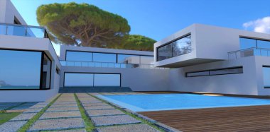 Yüzme havuzu olan modern bir kır evinin avlusunda. Binanın duvarlarını beyaz alçıyla kaplıyor. Arka planda büyük bir tropik ağaç var. 3d hazırlayıcı.