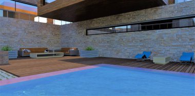 Tasarımcı bir kır evinin avlusundaki rahat bir terasta huzurlu bir atmosfer. Havuz kenarında rahatlamak için rahat mobilyalar. Bitkilerle dolu beton saksılar. Tahta levhayla kaplanmış duvar. 3d hazırlayıcı.