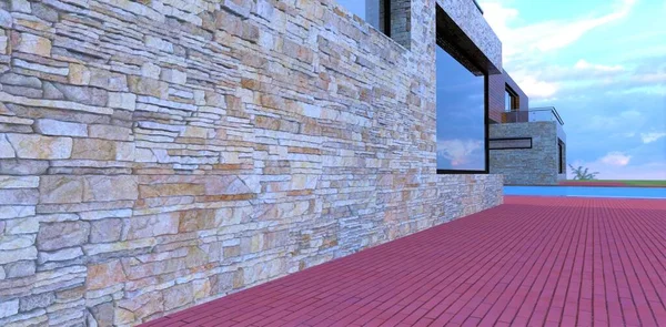 A successful combination of old yellow slate wall decoration and red brick pavers flooring. Looks fresh and tasteful. Do not be ashamed to invite friends over. 3d render.